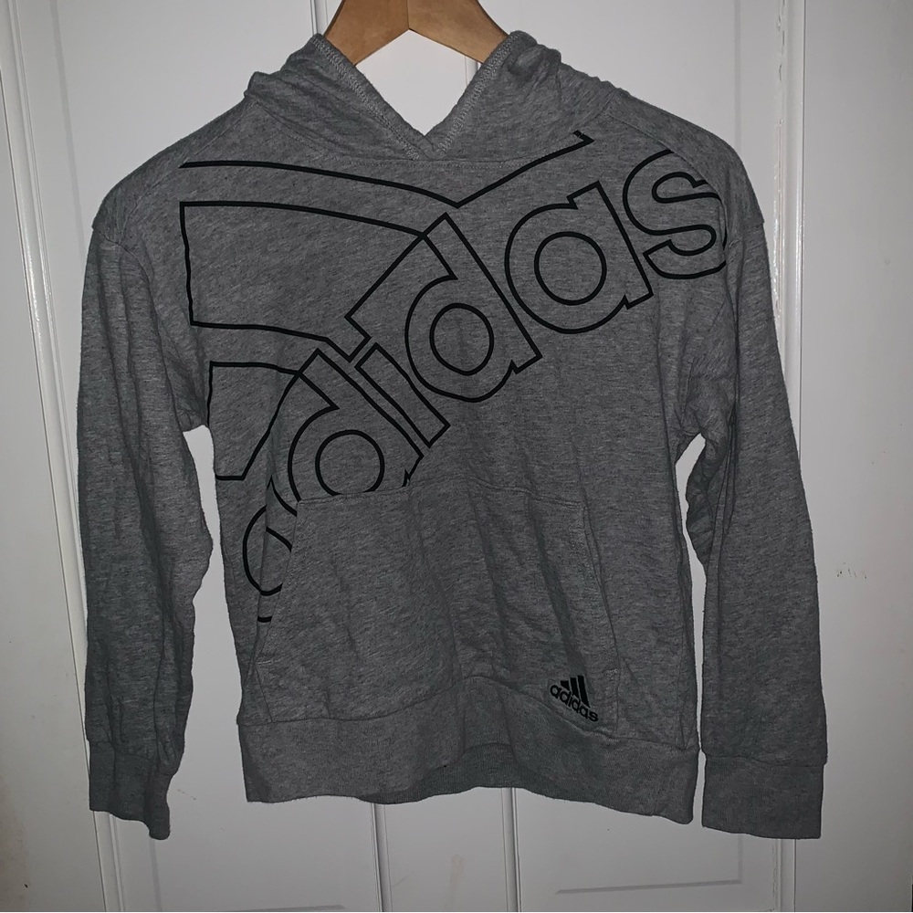 Adidas Boys Youth Hooded Pullover Big Logo Gray Sweatshirt Small 8